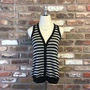 FANG Women’s Black Gray Striped Sleeveless Knit Cardigan Sweater Vest Top L